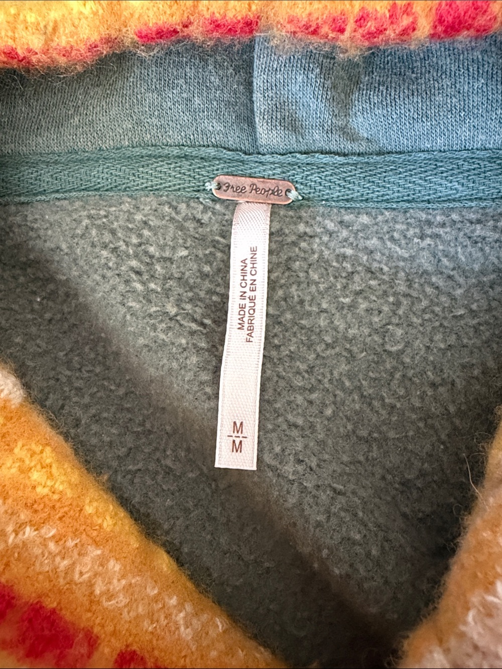 Free People Sage Green V-Neck Hoodie with Multicolor Striped Hood - Picture 2 of 4